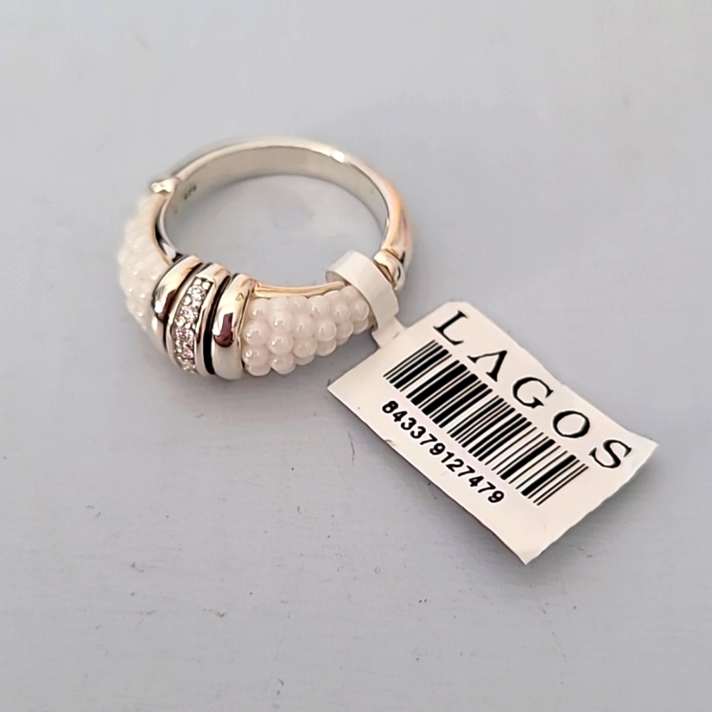 LAGOS SS White Ceramic Diamond Stacking Band Ring 7